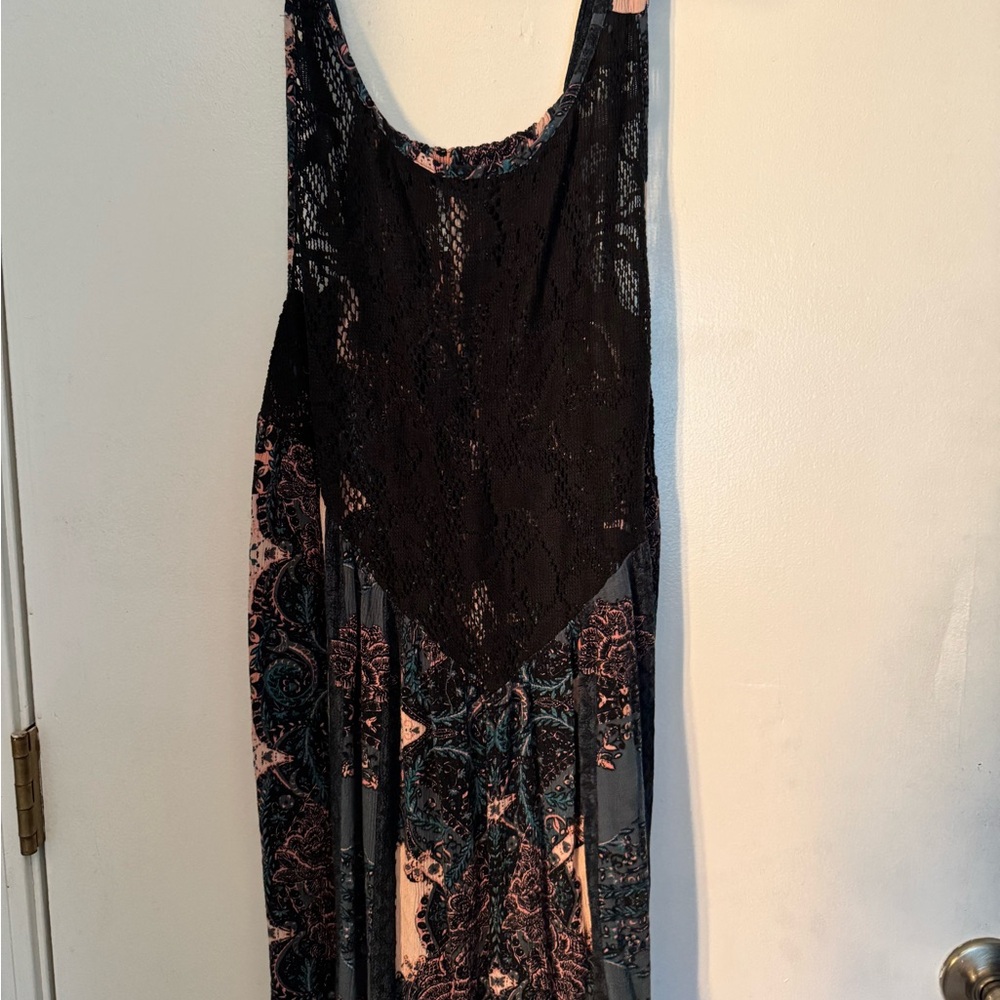Free People Black and Pink Lace Overlay Top